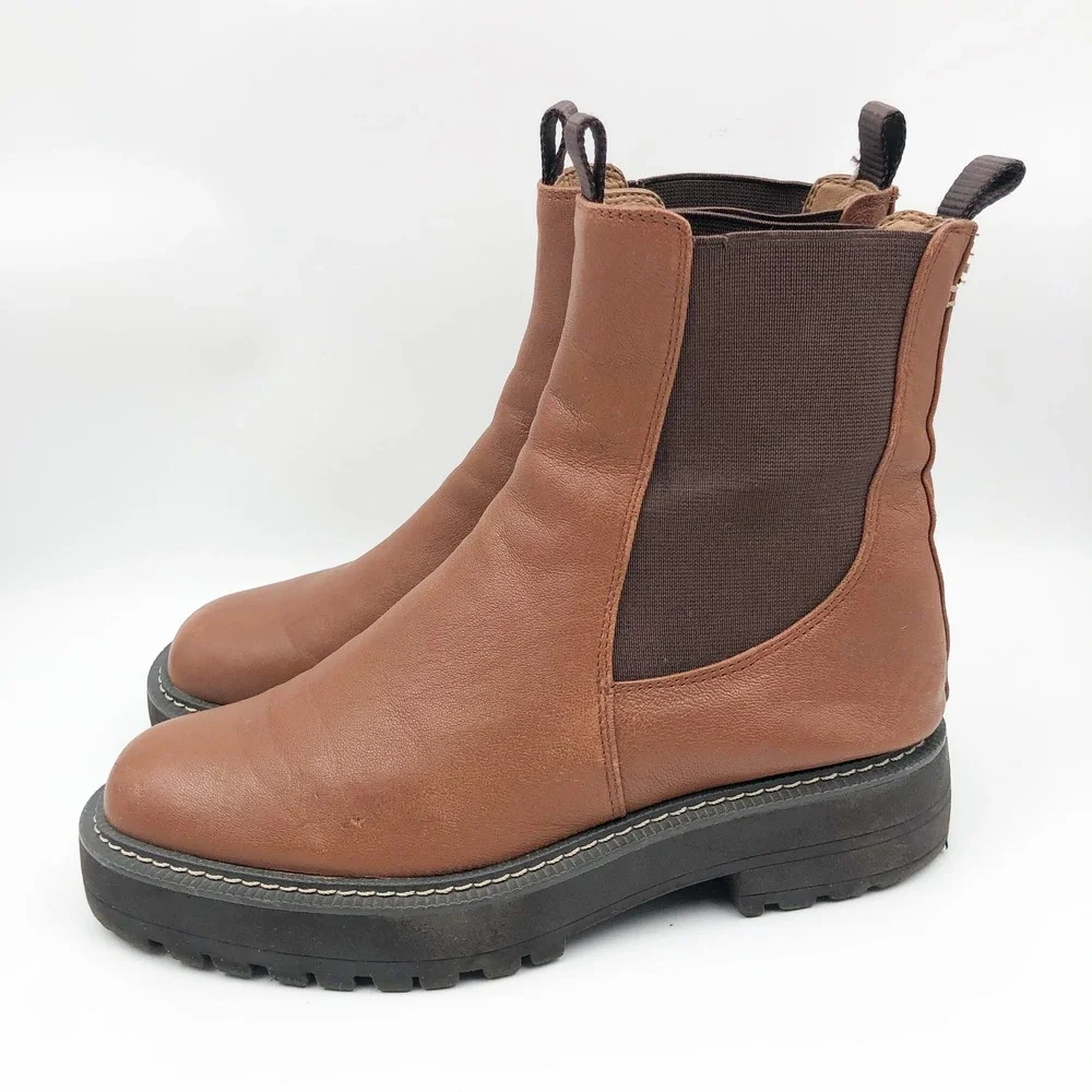 Sam Edelman Boots Womens 7.5 Laguna Brown Leather Waterproof Chelsea Lug Sole
